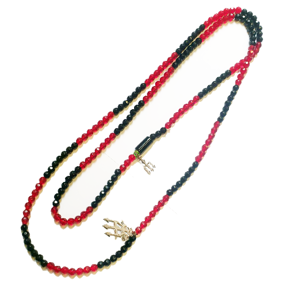 GUIA IN CRISTALLO GRANDE ROSSA E NERA DI EXU CON TRIDENTE GUIA IN CRISTALLO GRANDE ROSSA E NERA DI EXU CON TRIDENTE